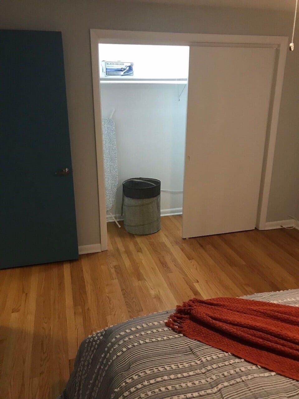 You will find hangers and laundry basket in each closet