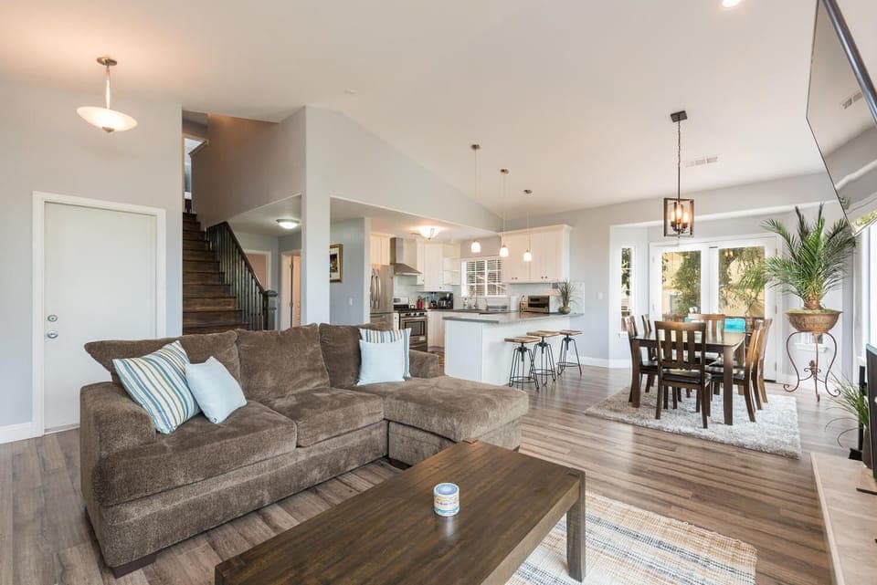 Full downstairs view, living, dining, kitchen