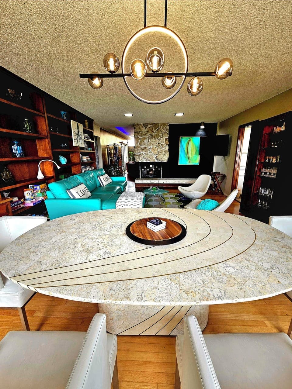 Family room / Dining room, fireplace, Smart tv, leather sectional, barware, view