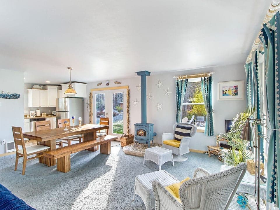 Living room with wood fireplace for those cozy and relaxing times on the island. (Firewood is not provided)