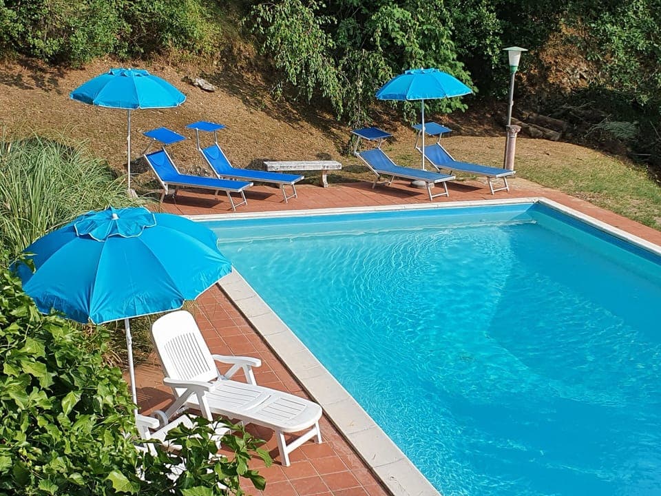 Large swimming pool with outdoor shower and lots of sunchairs
