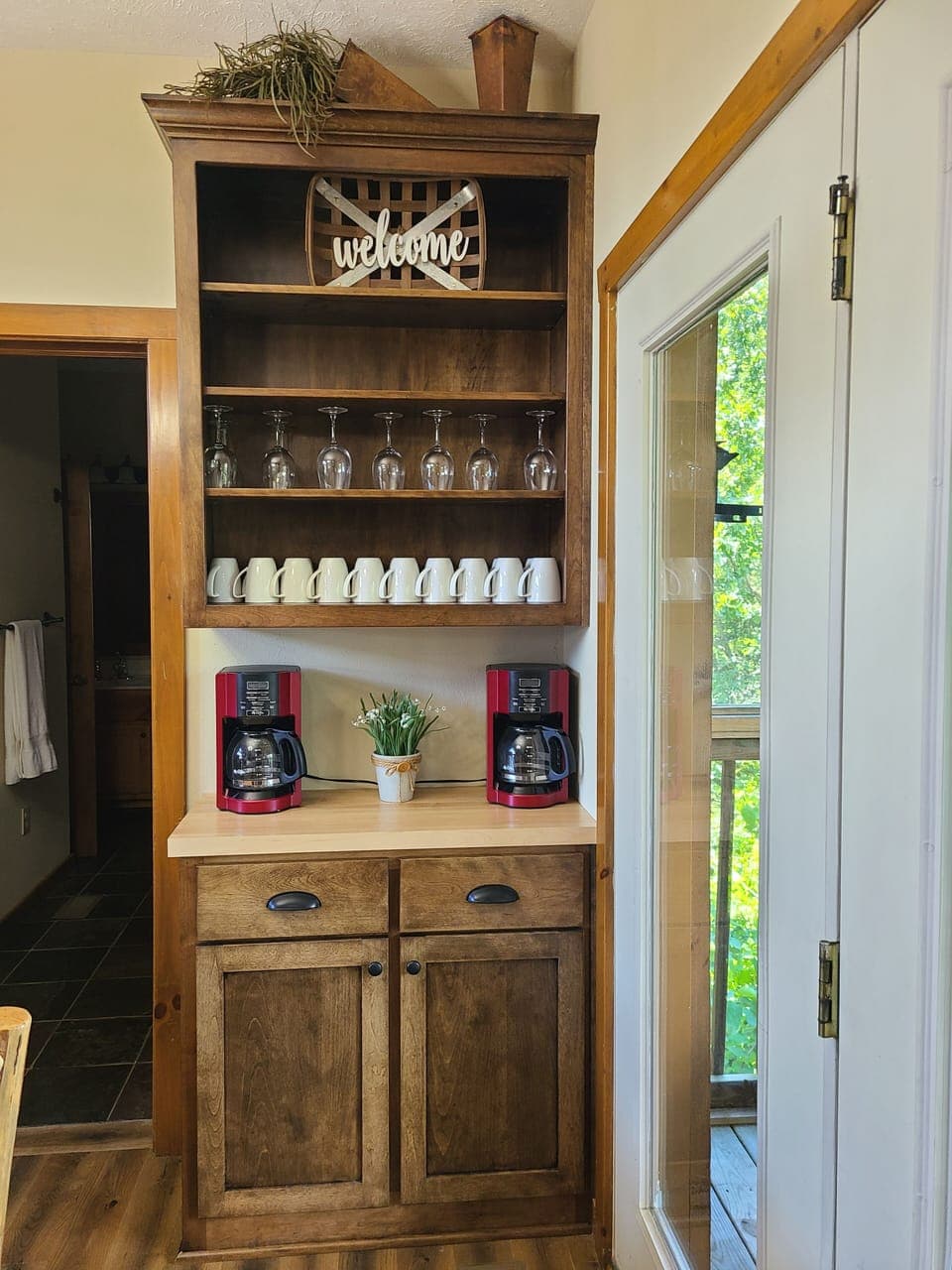 Coffee Nook with 2 Coffee Pots and plenty of coffee mugs. 
