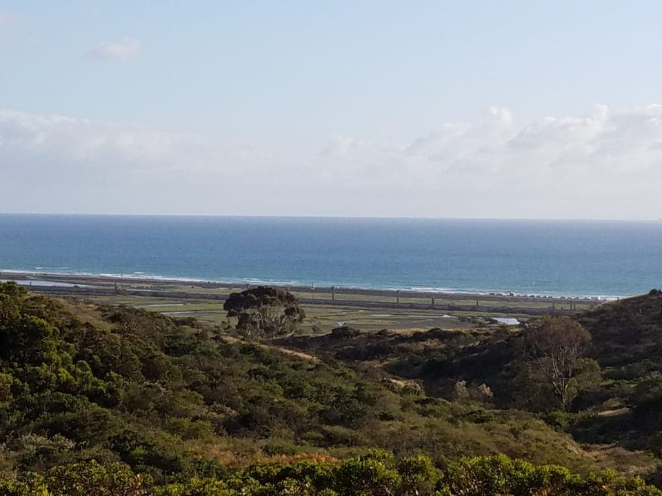 View of the beach and ocean from the street.