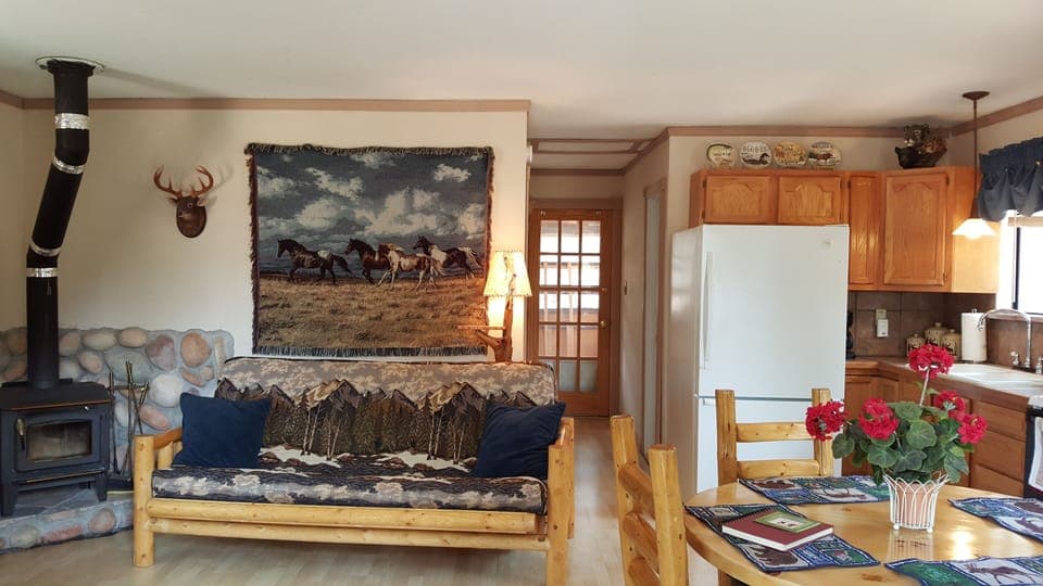 Kitchen/Living Room with Wood-Burning Stove,  Futon with highest grade mattress