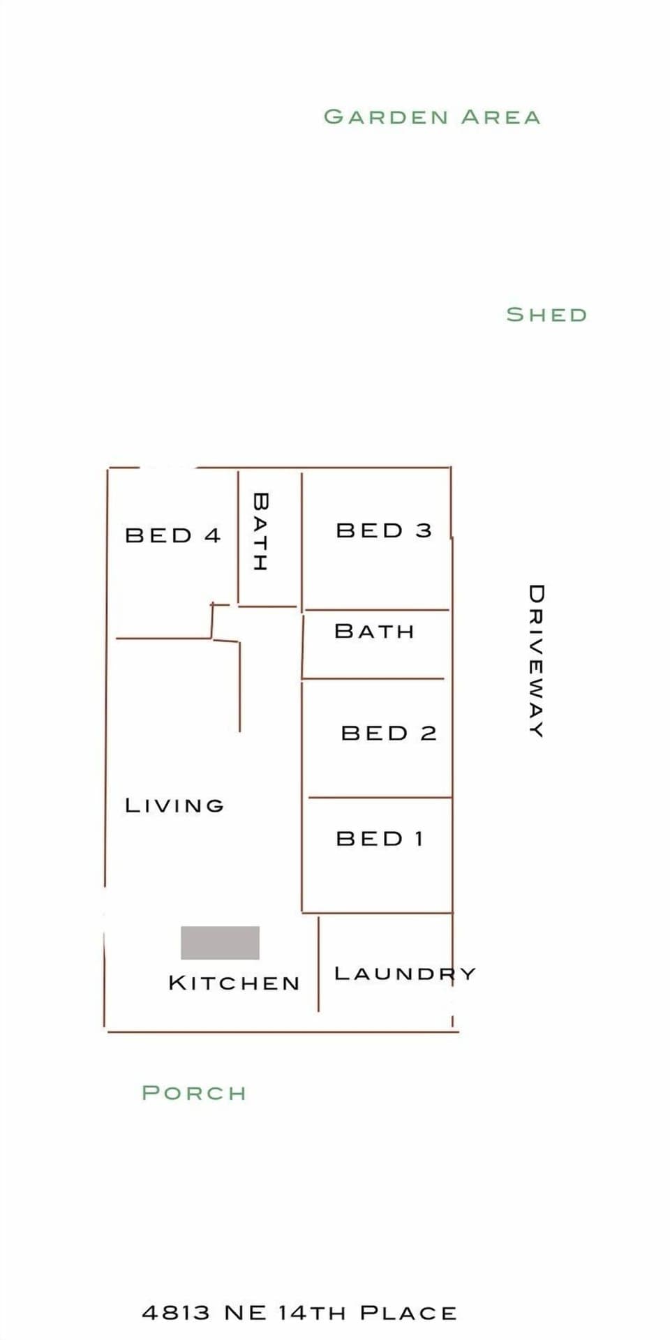 this is the layout. Rear bathroom has doors to both bedrooms.