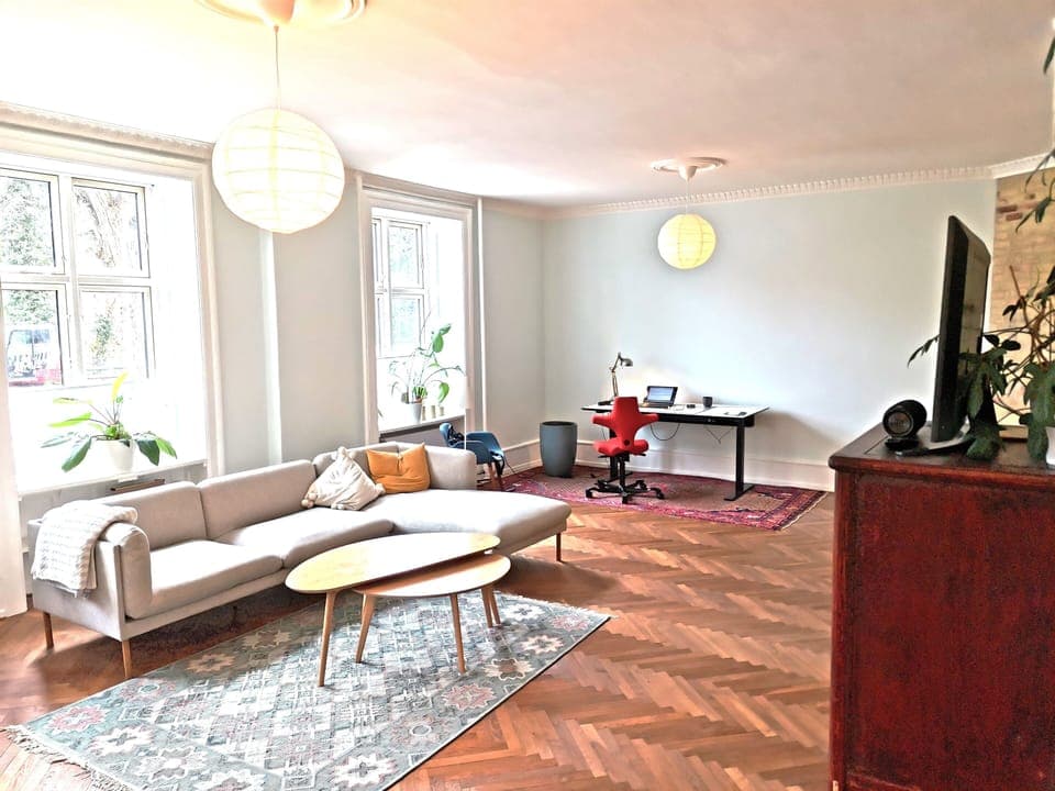 Large living room with single bed in the corner behind the closet