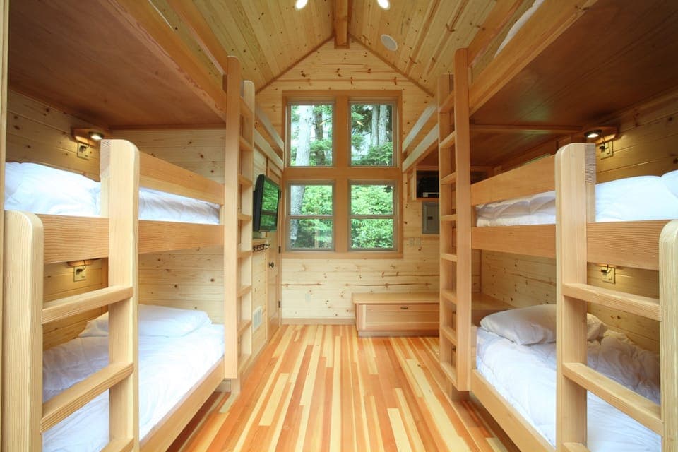 The bunkhouse. 8 bunks + flat screen LCD + bathroom. A great place for the kids.