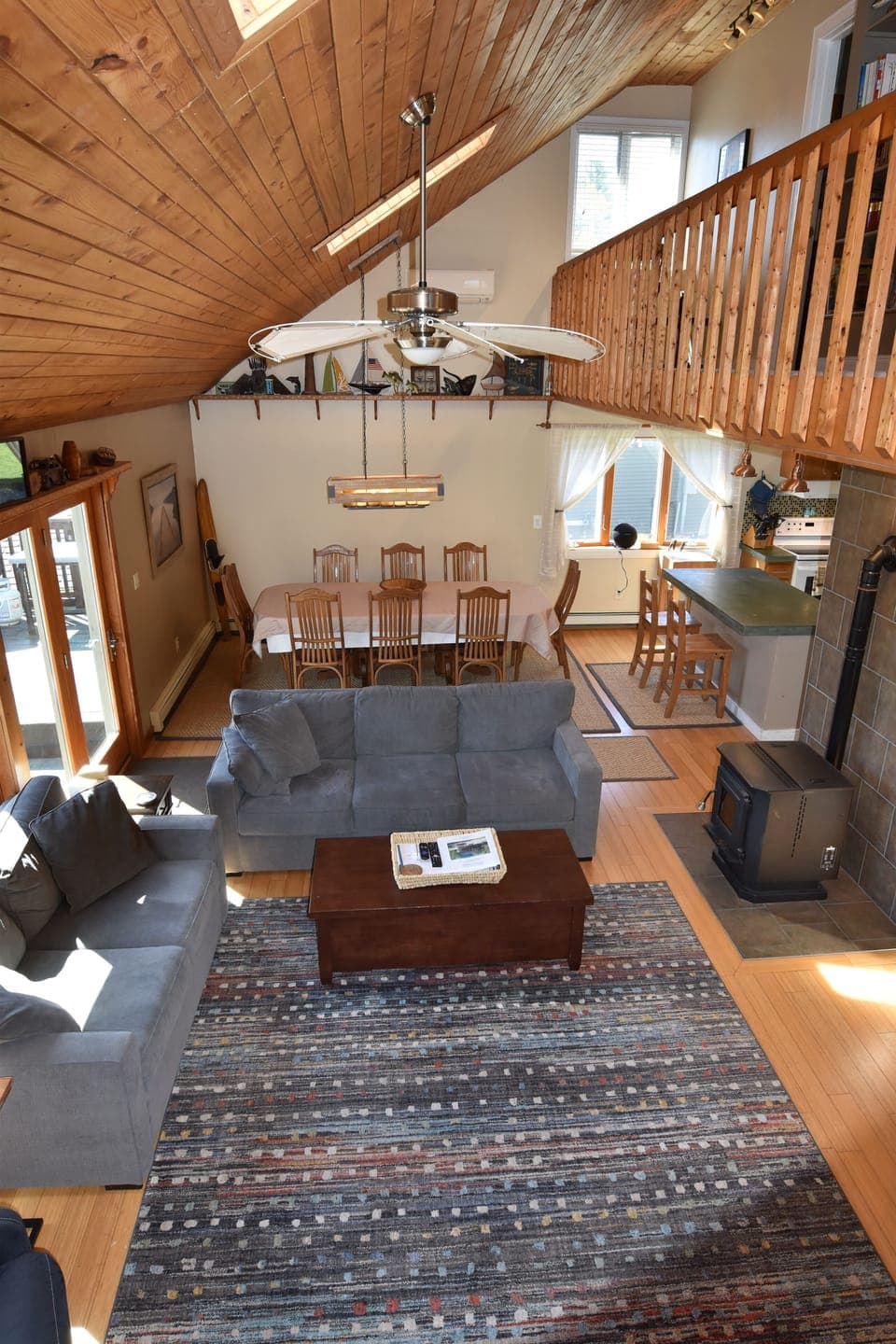 Great Room with Open Floor plan, TV, Dining, open to kitchen, walk out to decks