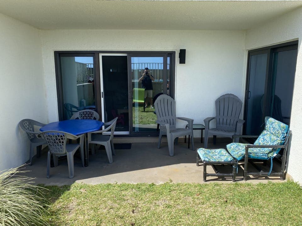 Comfortable patio and grassy area 