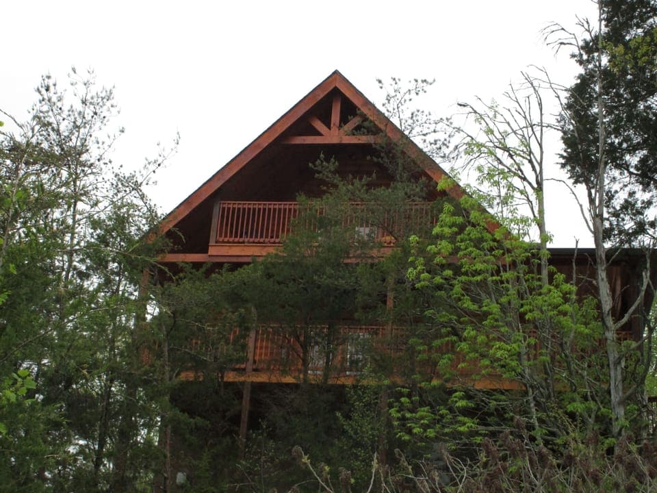Rear view looking up at the double decks from below