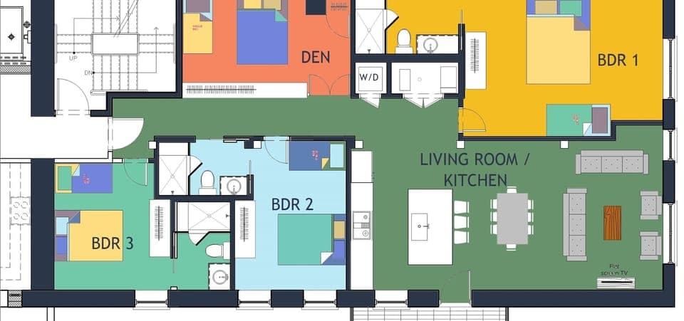 The den now sleeps 3 in twin beds! Guy groups love this!