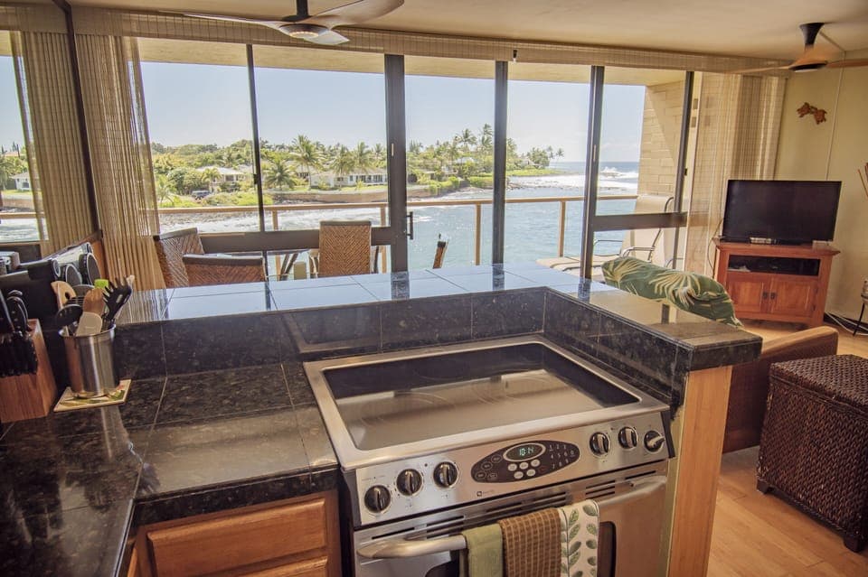 Stainless appliances. We don't mind cooking when we have this view. 
