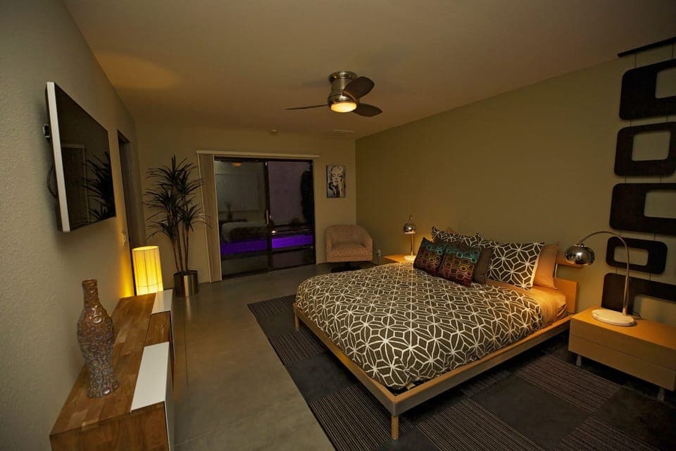 Casita (Night View).  Sliding doors open up to pool area.