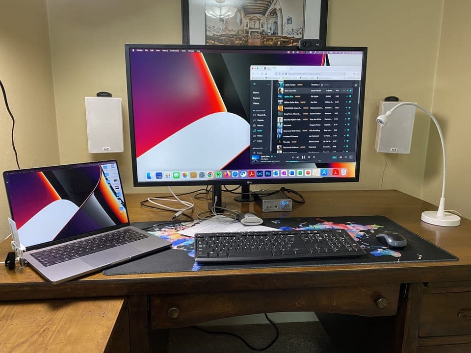 Computer setup (Monitor, audio, webcam, etc) is in the master bedroom.