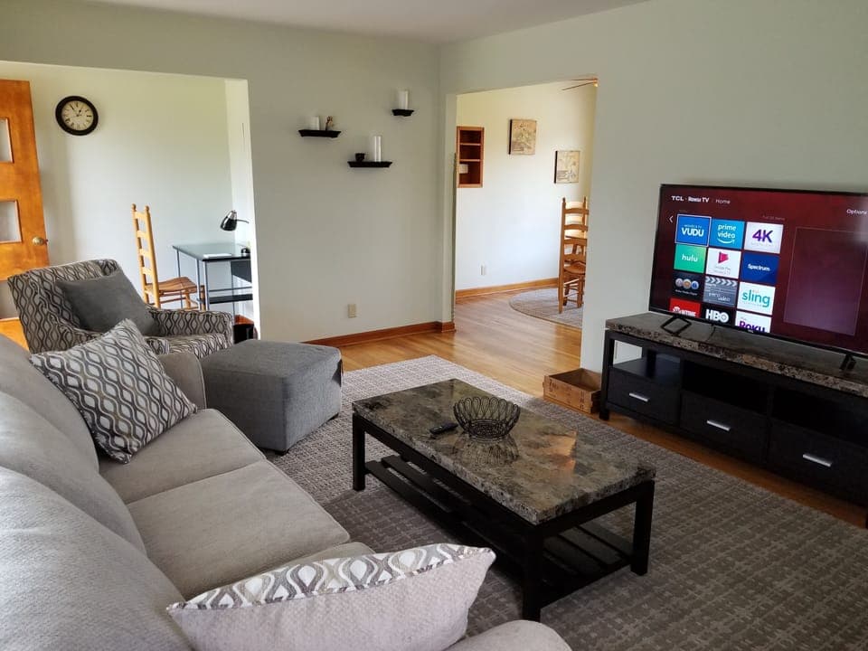 Smart TV, fireplace, books
