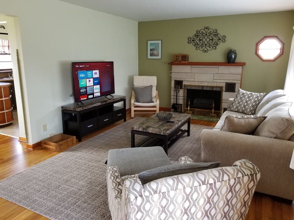 Smart TV, fireplace, books