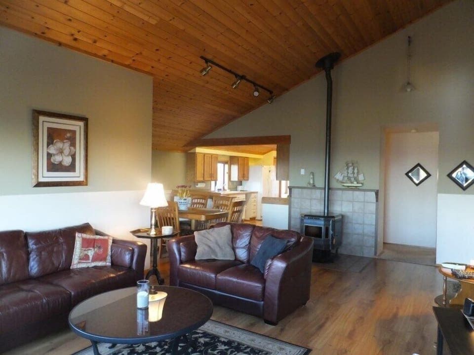 Great room with pellet stove in addition to electric zoned heating