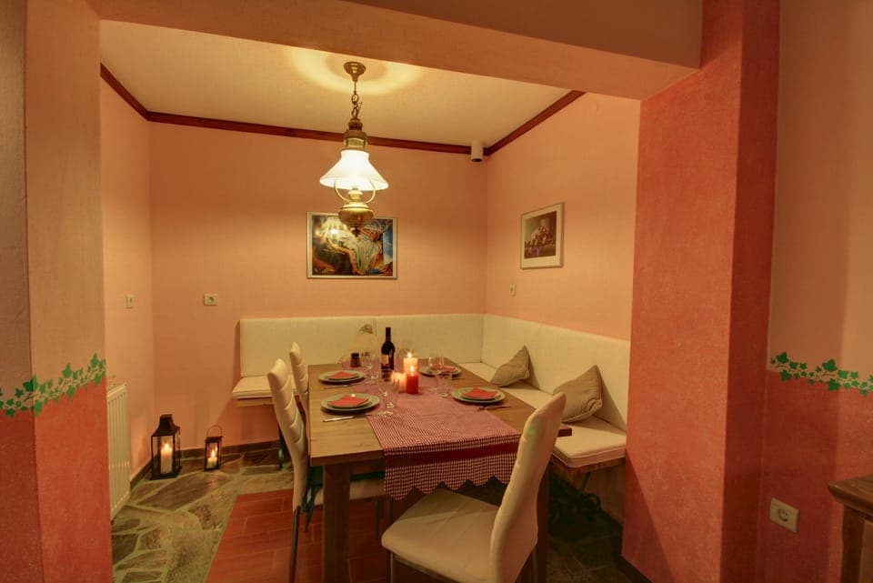 The dining area at the bottom level.