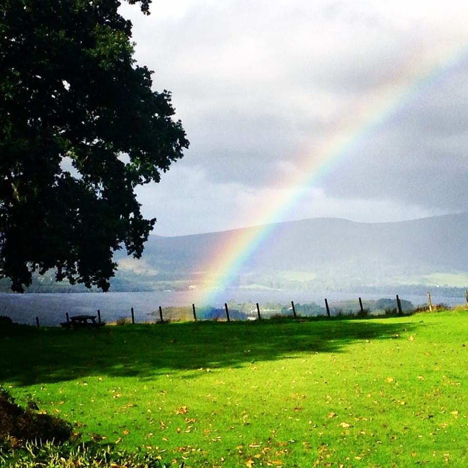Lucky pot of gold at the end of the rainbow in the garden