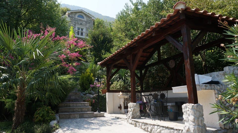Pool area outdoor grill and outdoor shower