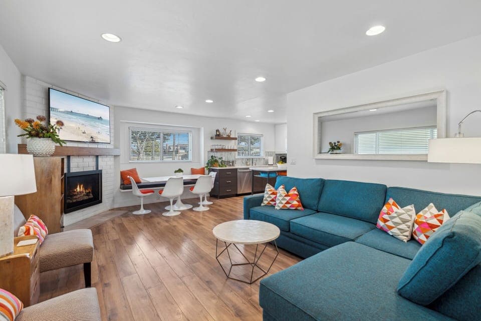 Living/Dining/Kitchen, great fireplace, TV, comfy couch, lots of seating