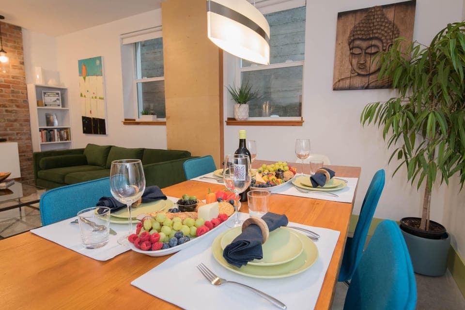 Bright dining area with cozy seating and vibrant decor