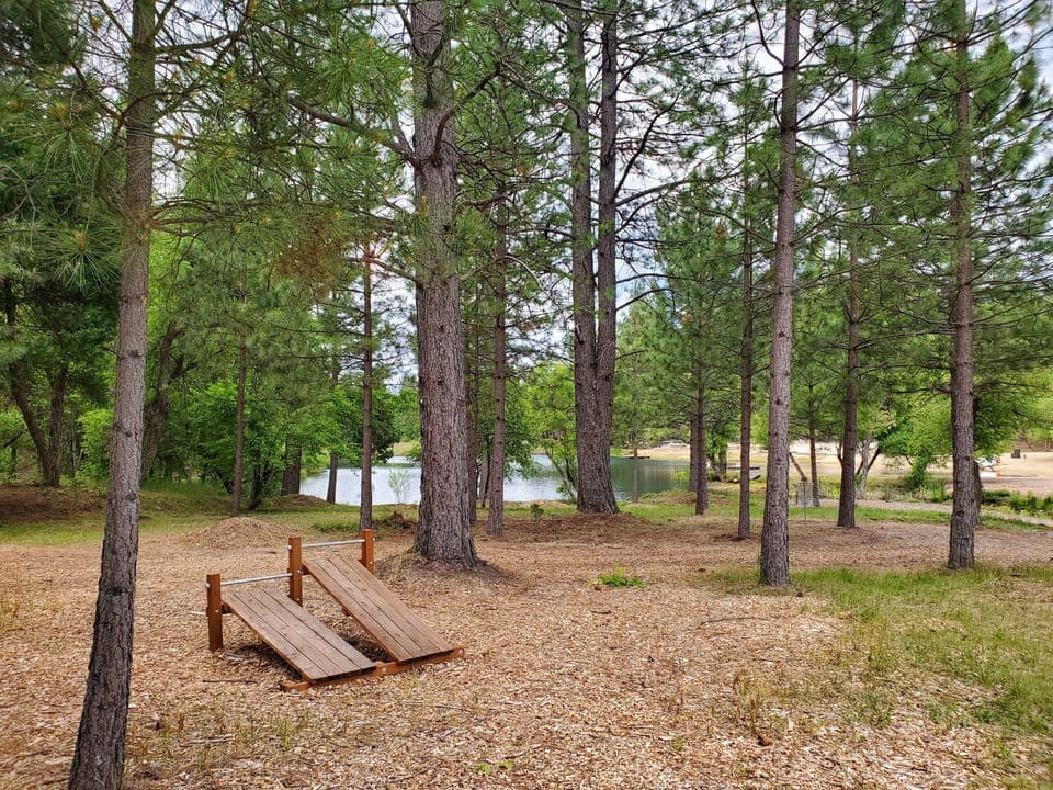 Outdoor workout stations surround Fly-In Lake