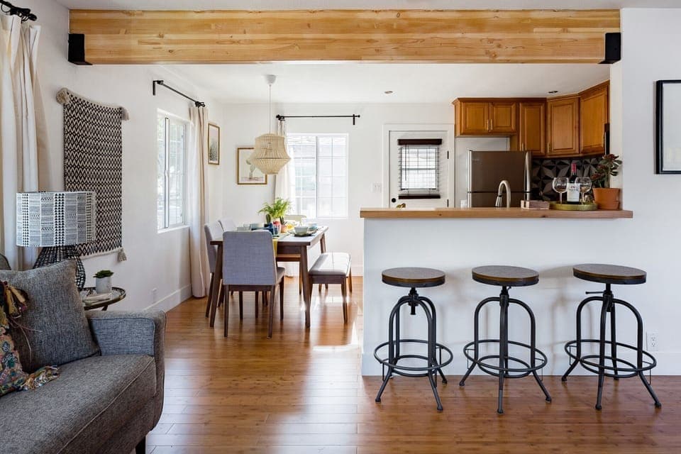 The kitchen and dining area sits just off the main living room.