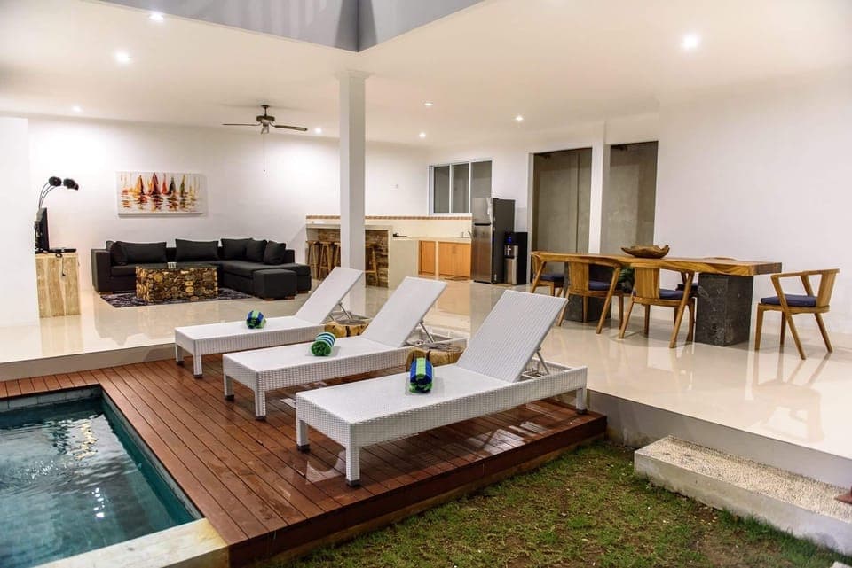Pool, living room and dining area is open
