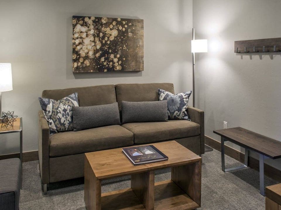 The living area includes a queen size sofa bed. 