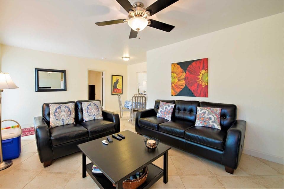 Large open great room has HDTV and DVD player.