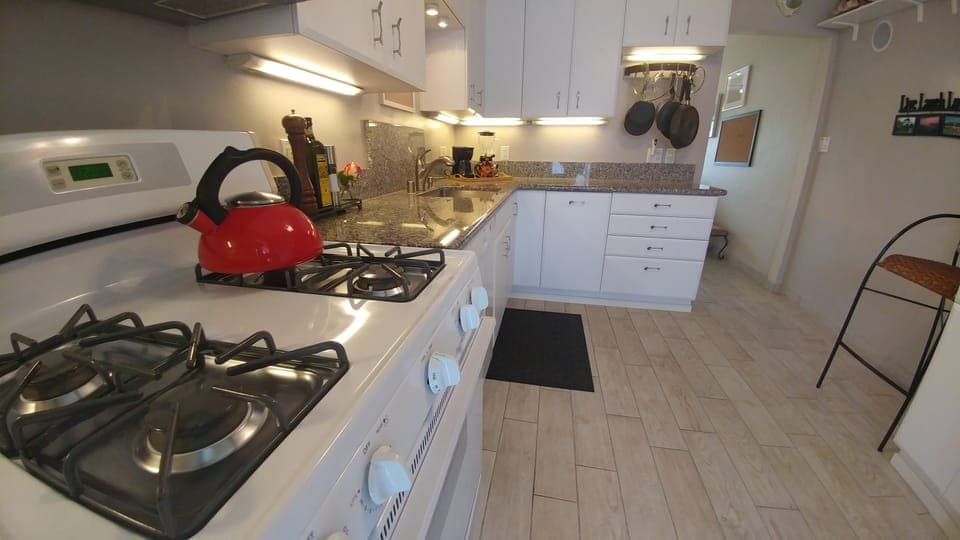 Gourmet kitchen with granite counter tops & DW, gas range. Door to patio.