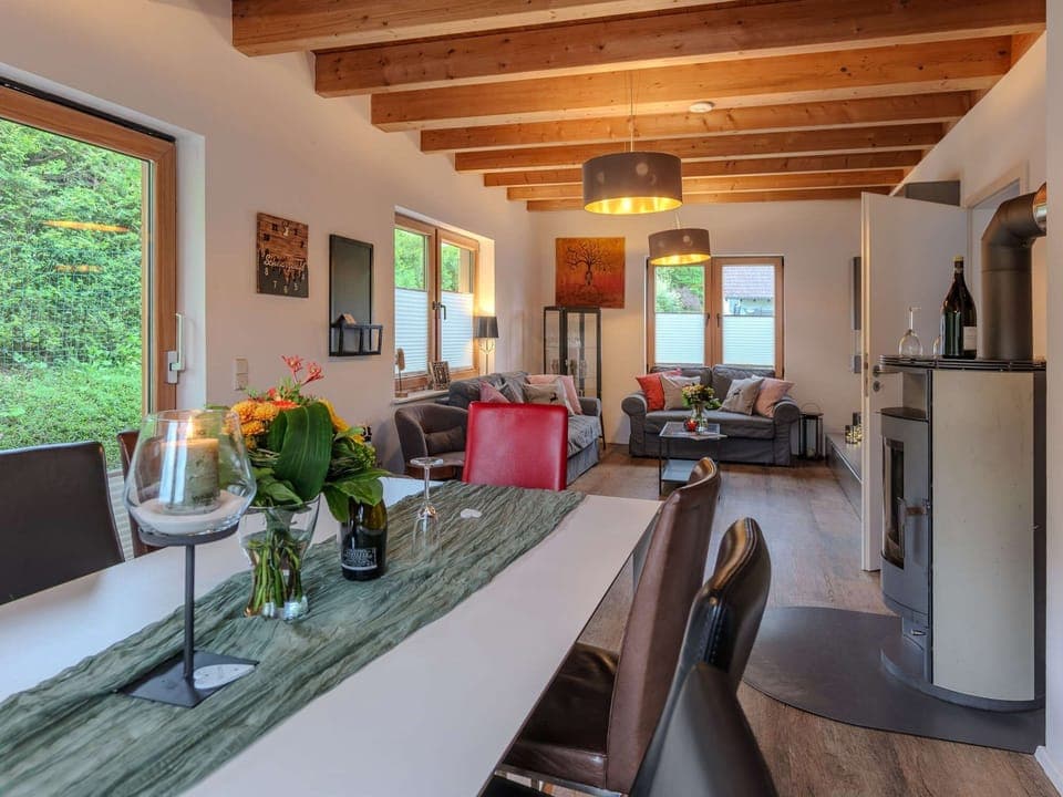 Dining and living room with fireplace