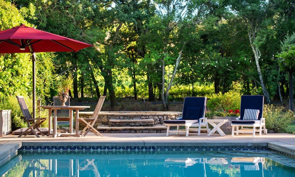 Vineyard beyond pool and custom stone spa