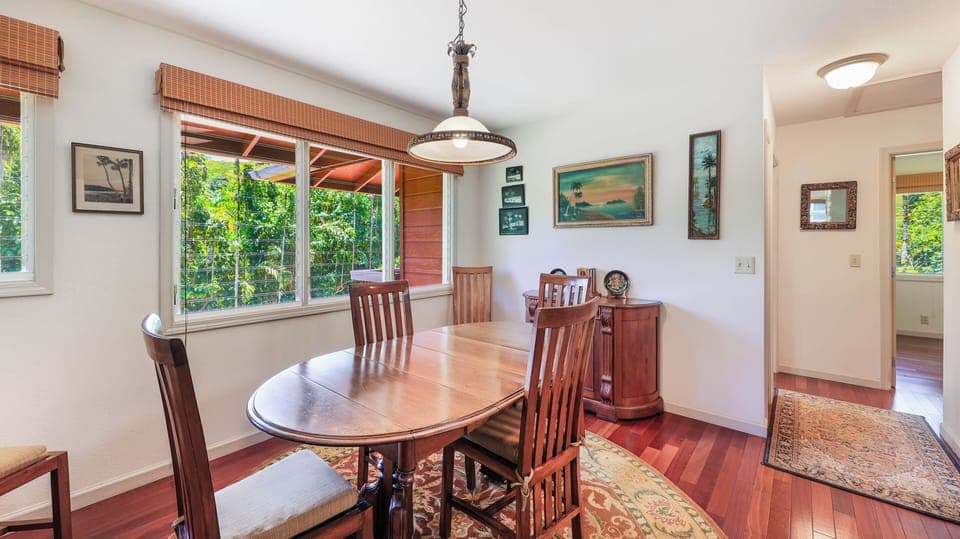 The dining table seats six.