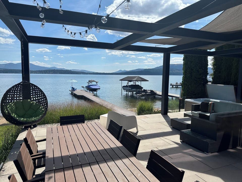 Spectacular wrap around stone patio overlooking Lake Pend Orielle.
