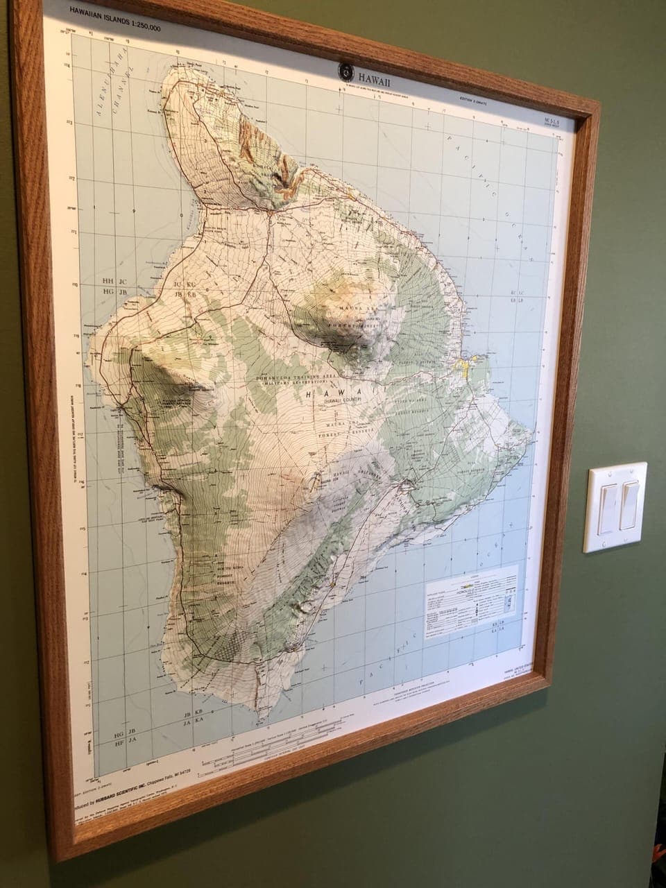 Topography of the Big Island hanging in the hallway
