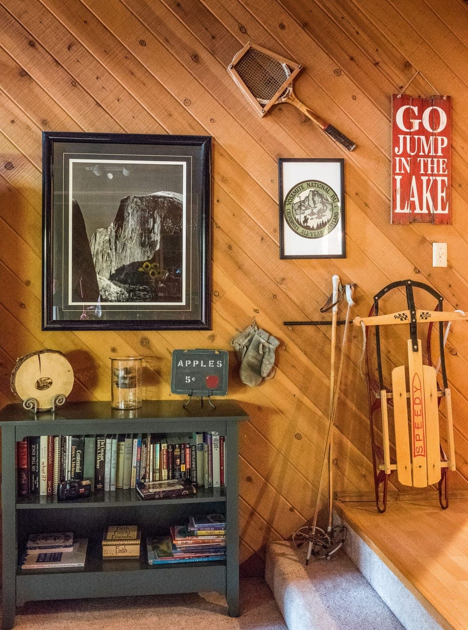 Reading library, games, and vintage sports equip. remind us of youth exploits.