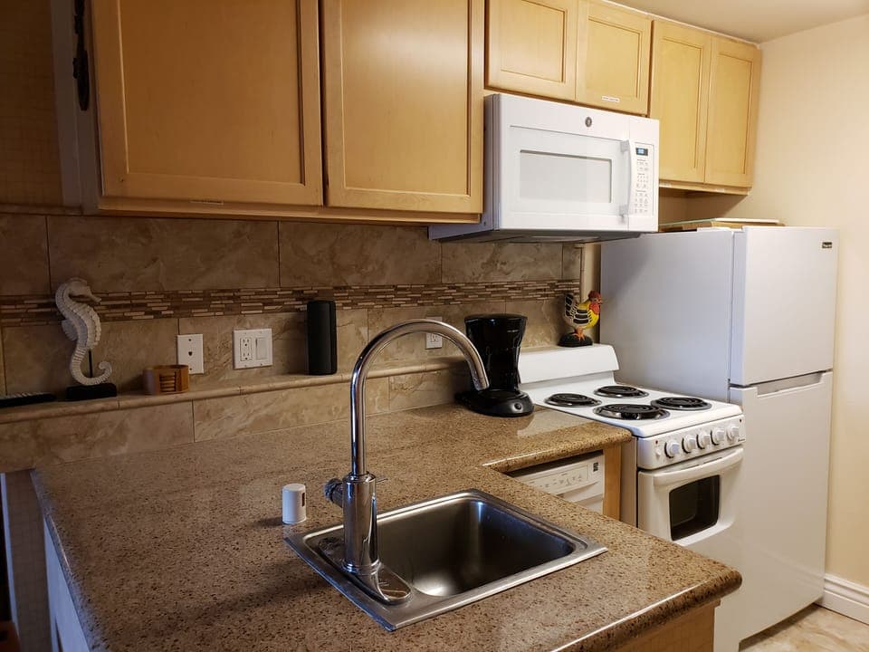 Full size kitchen with dish washer, stove, microwave, and refrigerator