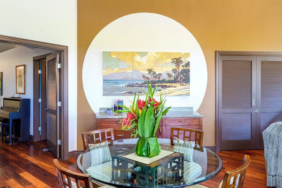 There is a unique art wall in the living and dining room