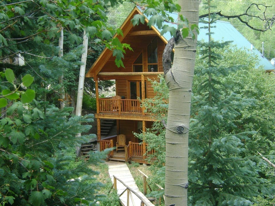 Back side of cabin faces the river
