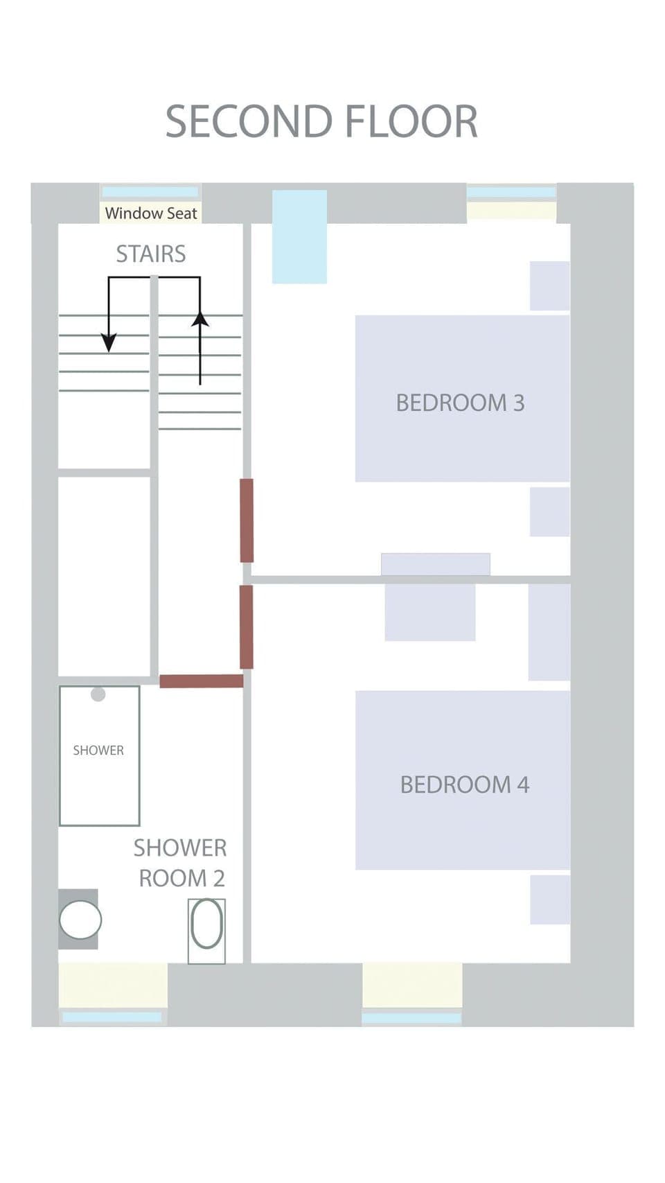 2nd Floor Plan. Bedrooms can be Superking or single. Underfloor heated Shower rm