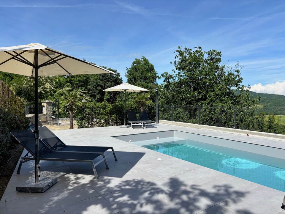 STELLA - Pool area with heated saltwater pool and sun loungers, palm trees