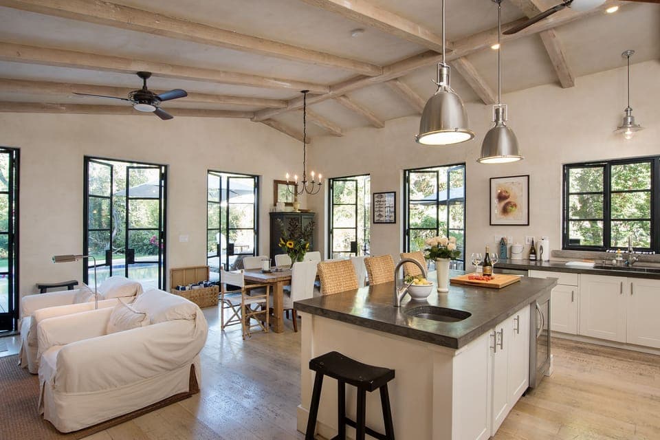 Open living, dining, kitchen