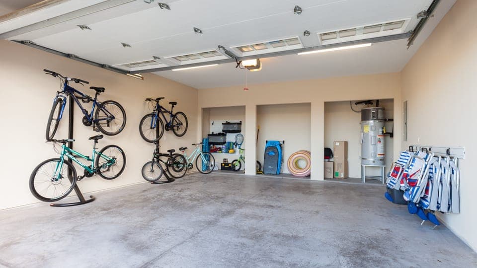 Garage full of beach gear and bikes