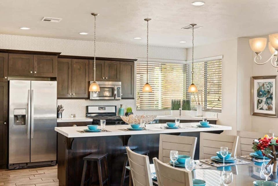 Large kitchen with stainless steel appliances