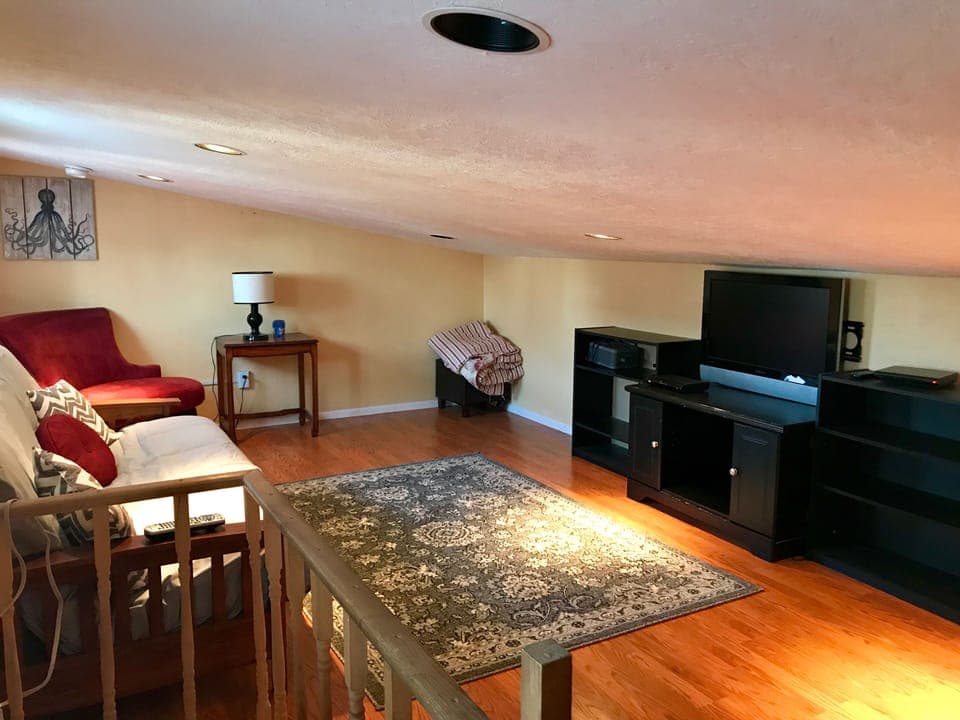 The upper tv area with a futon. Slanted ceiling. 