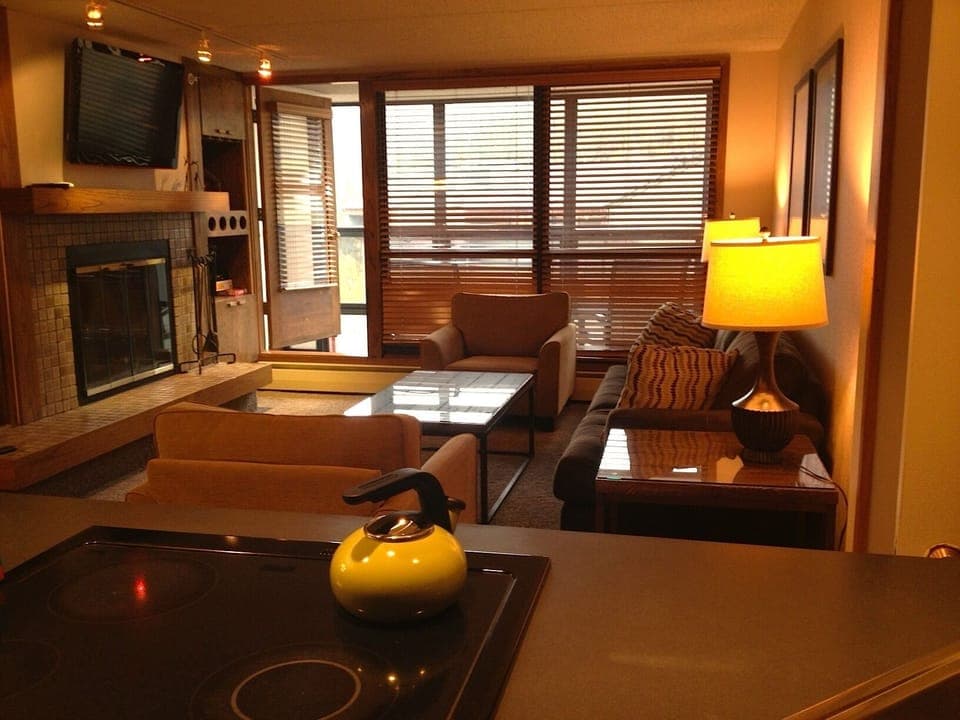 Spacious living room from the kitchen.