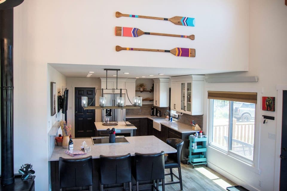 View into kitchen and bar space