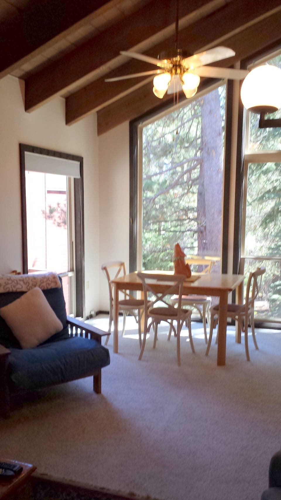 We love the high beamed ceiling and the view out the back.